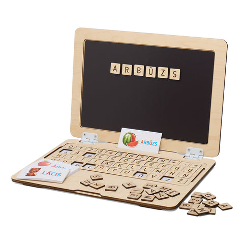 Educational wooden toy Portable magnet wooden laptop - alphabet (Latvian)